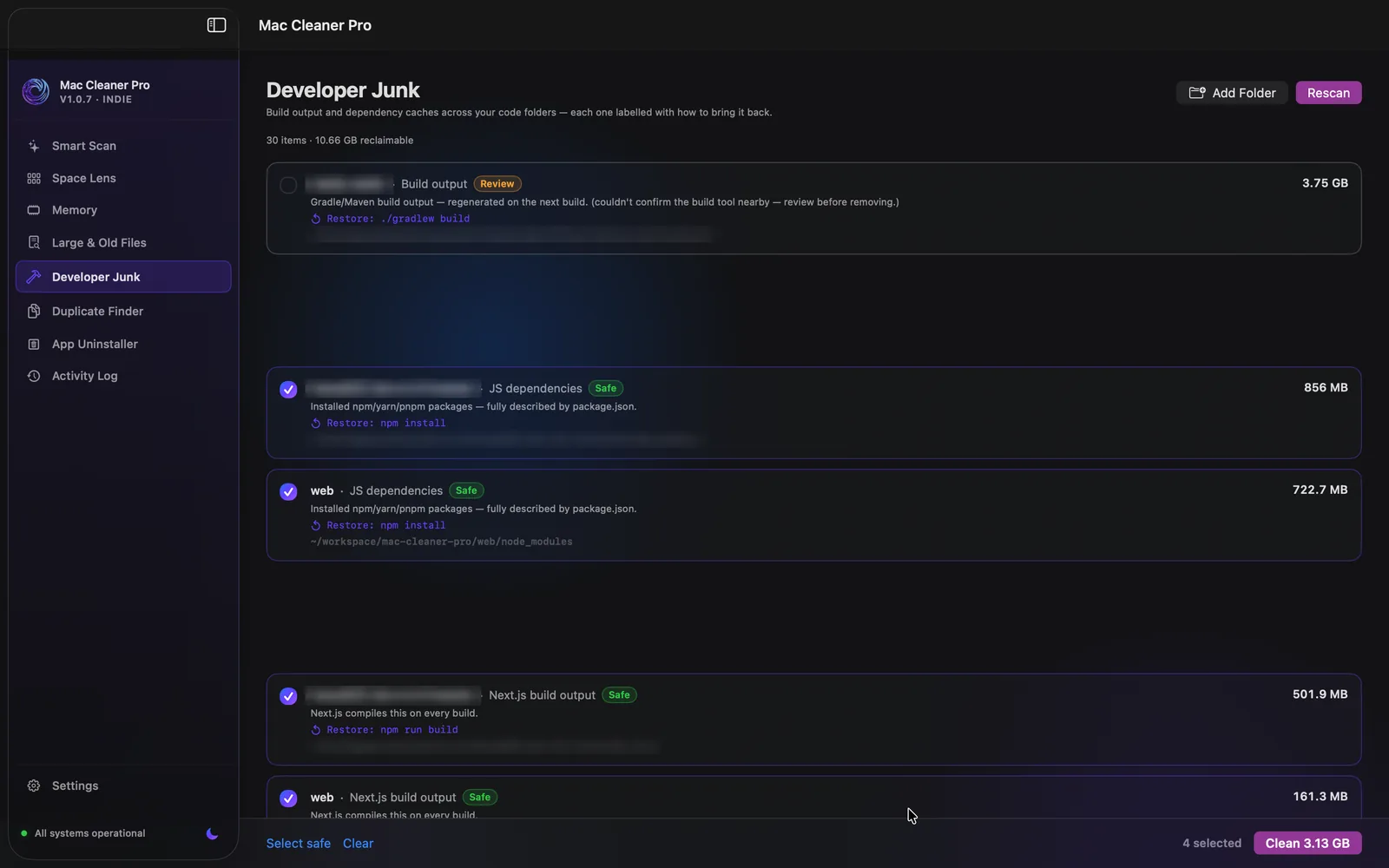 Developer Junk listing build artefacts with sizes, safety badges and the restore command for each