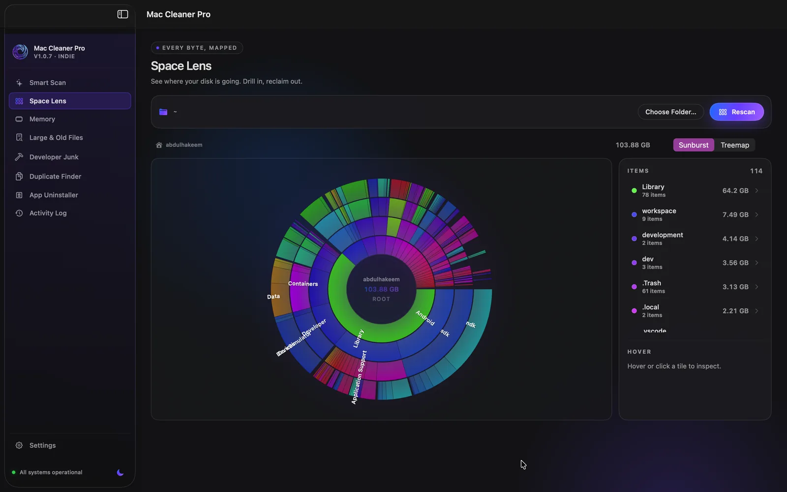Space Lens sunburst chart mapping 103 GB of disk usage by folder